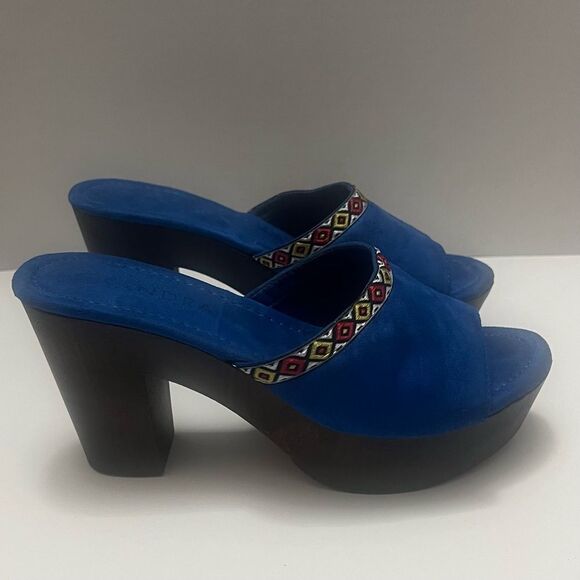 Sandra Faux Suede Platform 4” Heels Women’s Sz 8 Blue Open Toe Embroidered Boho - Picture 5 of 11